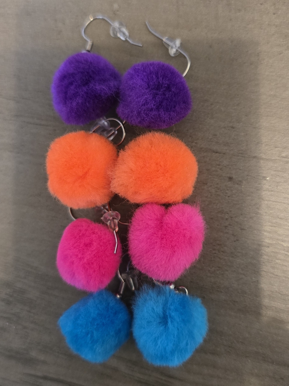 Colorful Pom Pom Dangle Earrings - Purple, Orange, Pink, Blue
